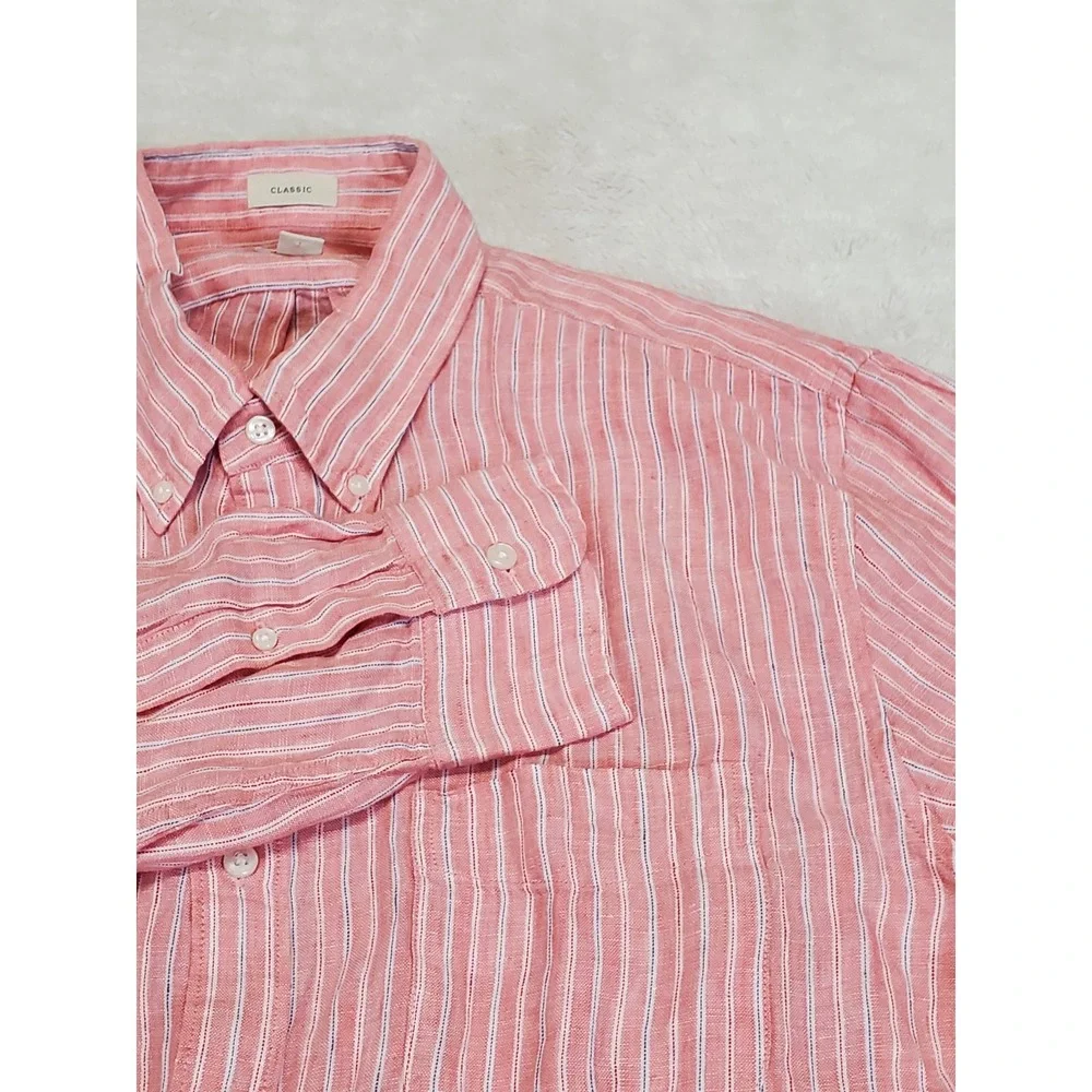 NWT J. Crew Red Striped Irish Linen Button Dress Shirt Men Large Casual Classic